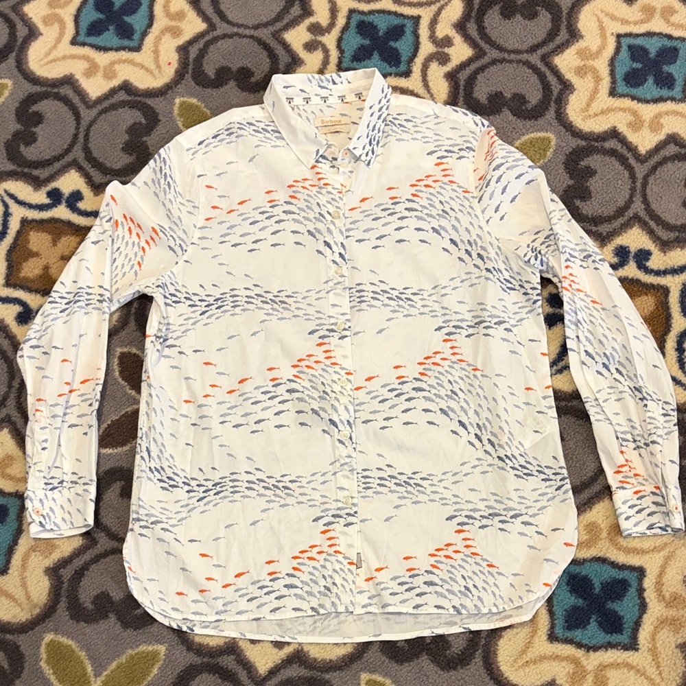 Barbour Pebble Shirt Button-Down Blue and Orange Fish Print